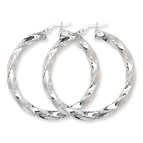 Silver 35mm Diamond Cut Twisted Hoop Earrings