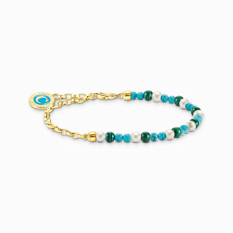 Thomas Sabo Member Charm bracelet with white pearls, malachite and Charmista disc gold plated A2130-140-7