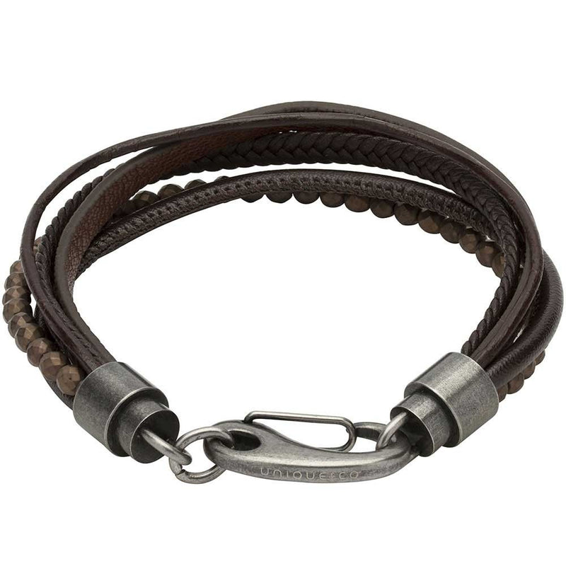 Unique & Co Dark Brown Leather Hematite Beaded Bracelet 21cm B387DB/21cm