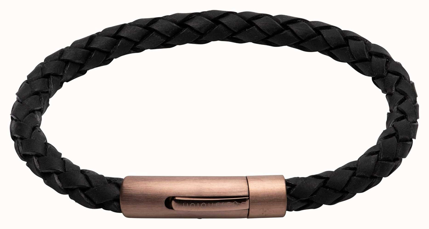 Unique & Co Stainless Steel Matte Brown IP Plated Black Leather Bracelet B441BL