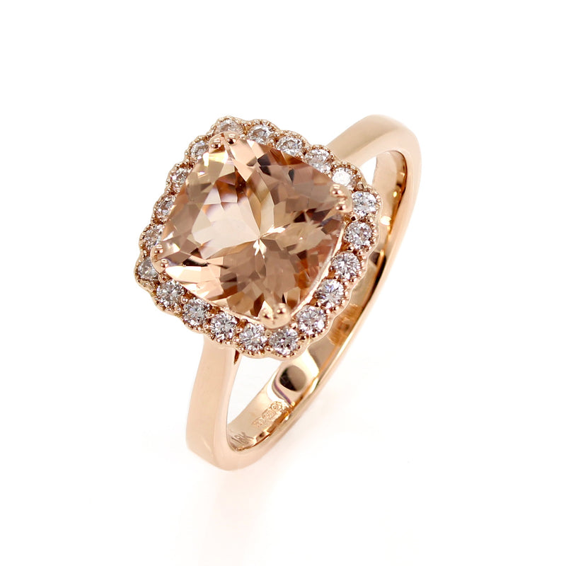 18ct Rose Gold Cushion Cut Morganite & Diamond Ring