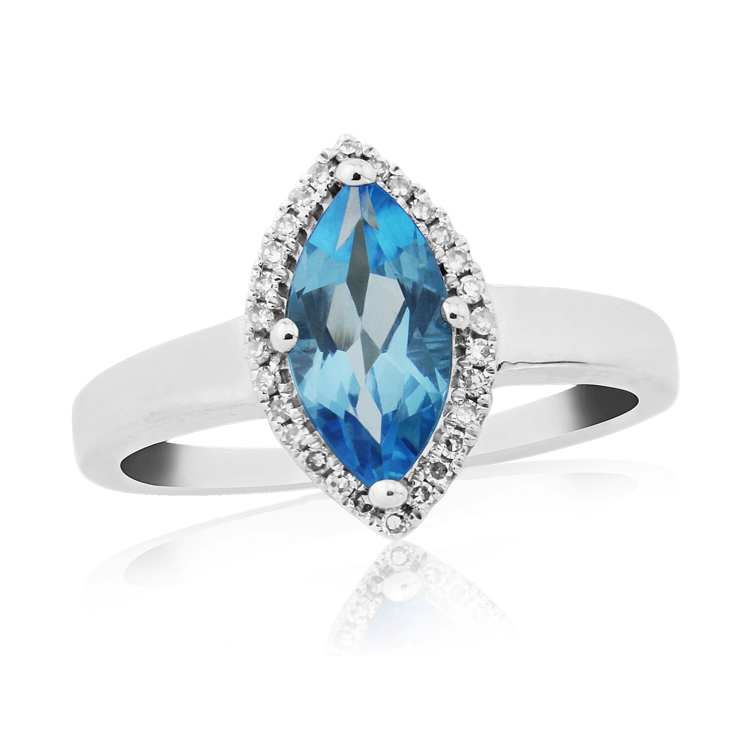9ct White Gold Marquise Blue Topaz & Diamond Ring