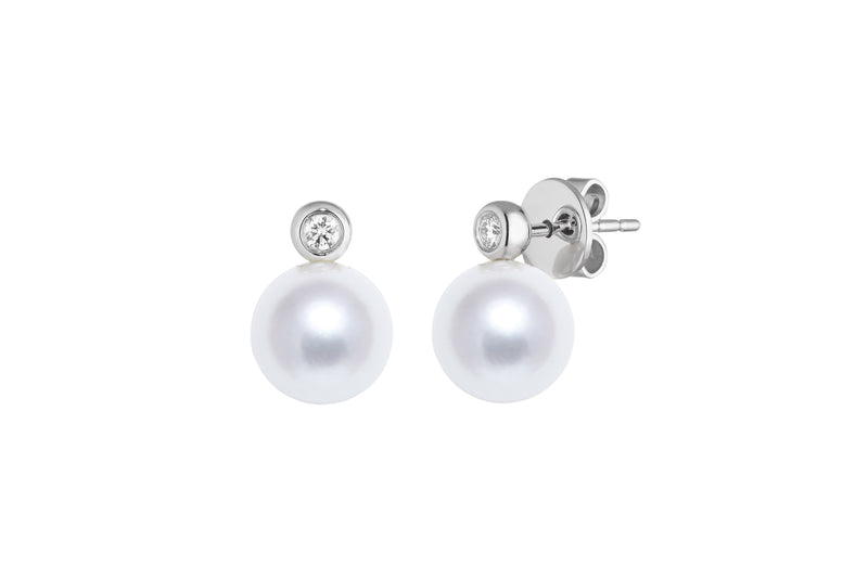 Cultured River Pearl 7.5-8mm Stud Earrings White Gold Rub Over Diamond Fittings