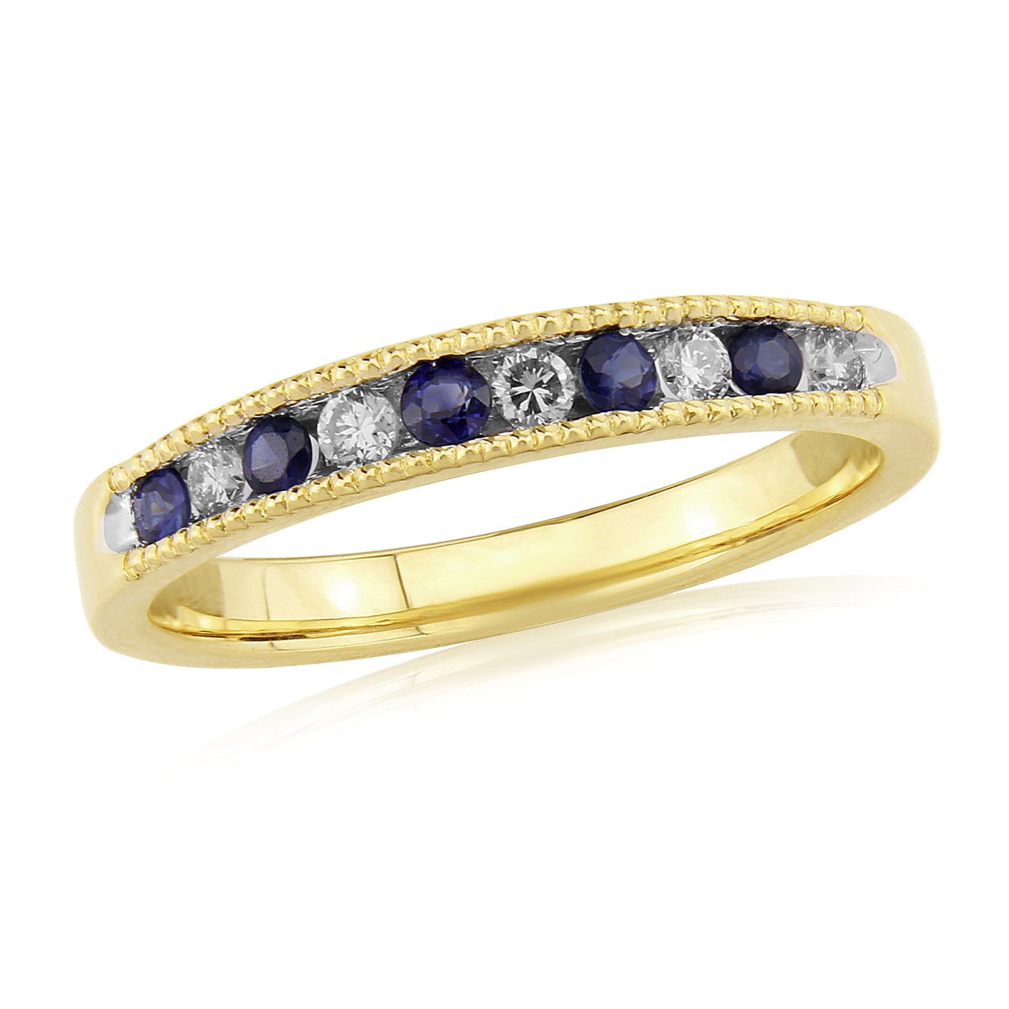 9ct Gold Sapphire & Diamond Ring - Millgrain Edge