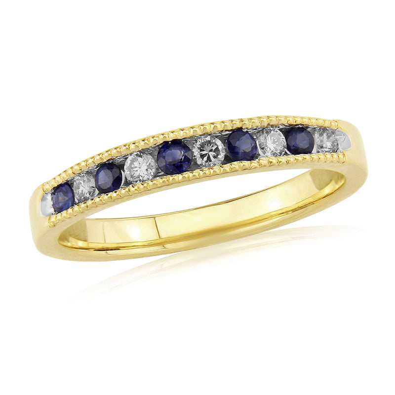 9ct Gold Sapphire & Diamond Ring - Millgrain Edge