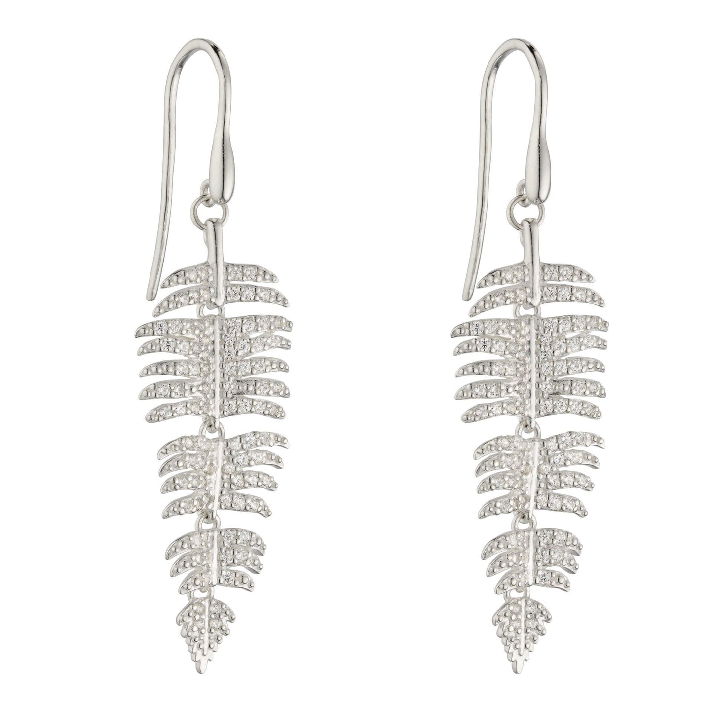 Silver Clear CZ Drop Palm Leaf Earrings