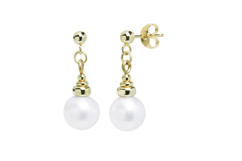 White Round Cultured River Pearl 7.5-8mm Drop Earrings 9ct Yellow Gold ED902YGR