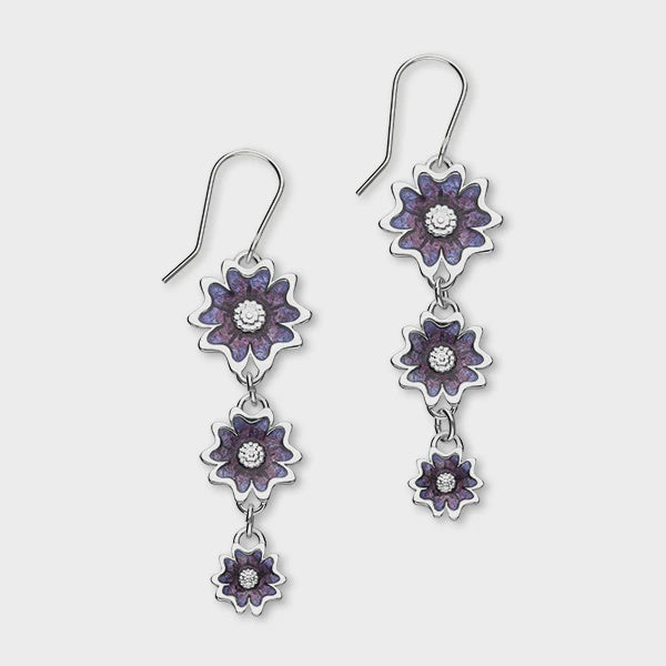 Ortak Scottish Primrose Sterling Silver & Purple Enamel Tri Drop Earrings, EE625