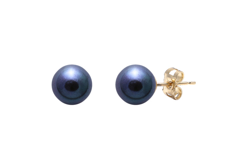 Black Round Cultured River Pearl Stud Earrings 7-7.5mm 9ct Yellow Gold ESRBYG7