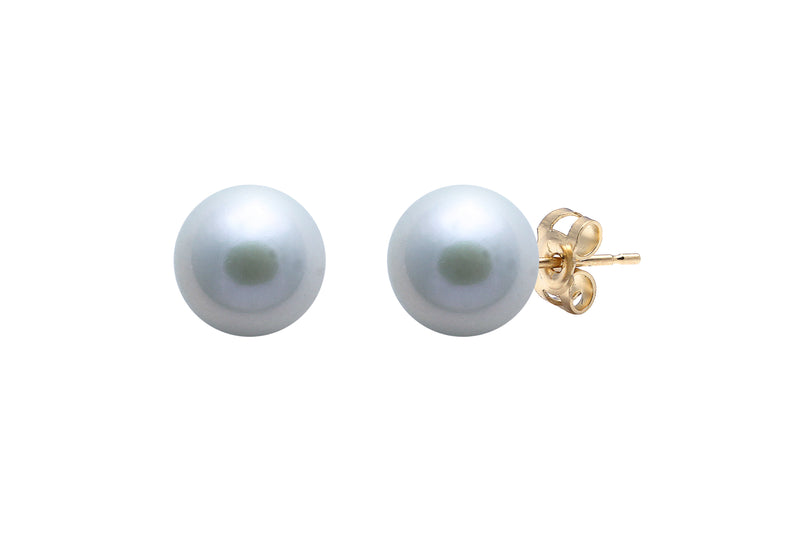 Grey Round Cultured River Pearl Stud Earrings 9-9.5mm 9ct Yellow Gold ESRGYG9