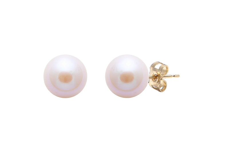 Pink Round Cultured River Pearl Stud Earrings 8-8.5mm 9ct Yellow Gold ESRPYG8