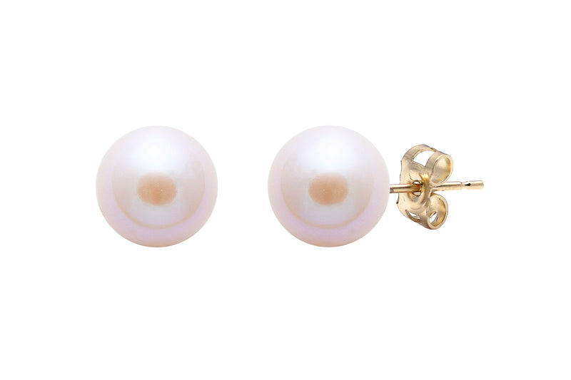 Pink Round Cultured River Pearl Stud Earrings 9-9.5mm 9ct Yellow Gold ESRPYG9