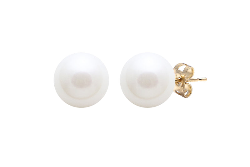 White Round Cultured River Pearl Stud Earrings 10-11mm 9ct Yellow Gold ESRWYG10