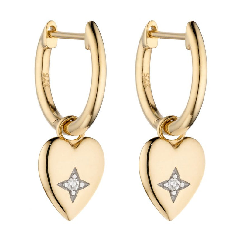 9ct Yellow Gold Diamond Heart Drop Hoop Earrings