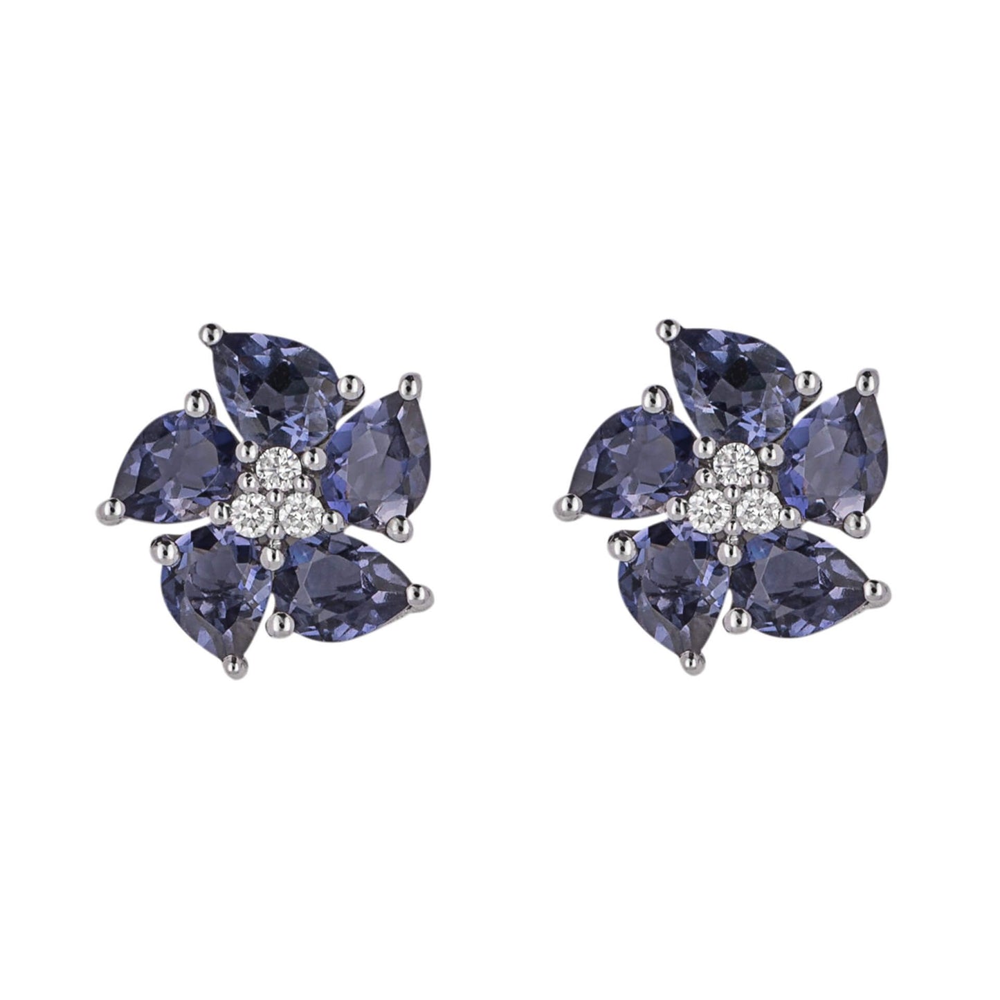 9ct White Gold Diamond & Iolite Peony Earrings