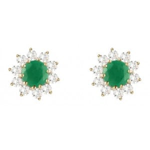 9ct Gold Emerald & CZ Cluster Earrings