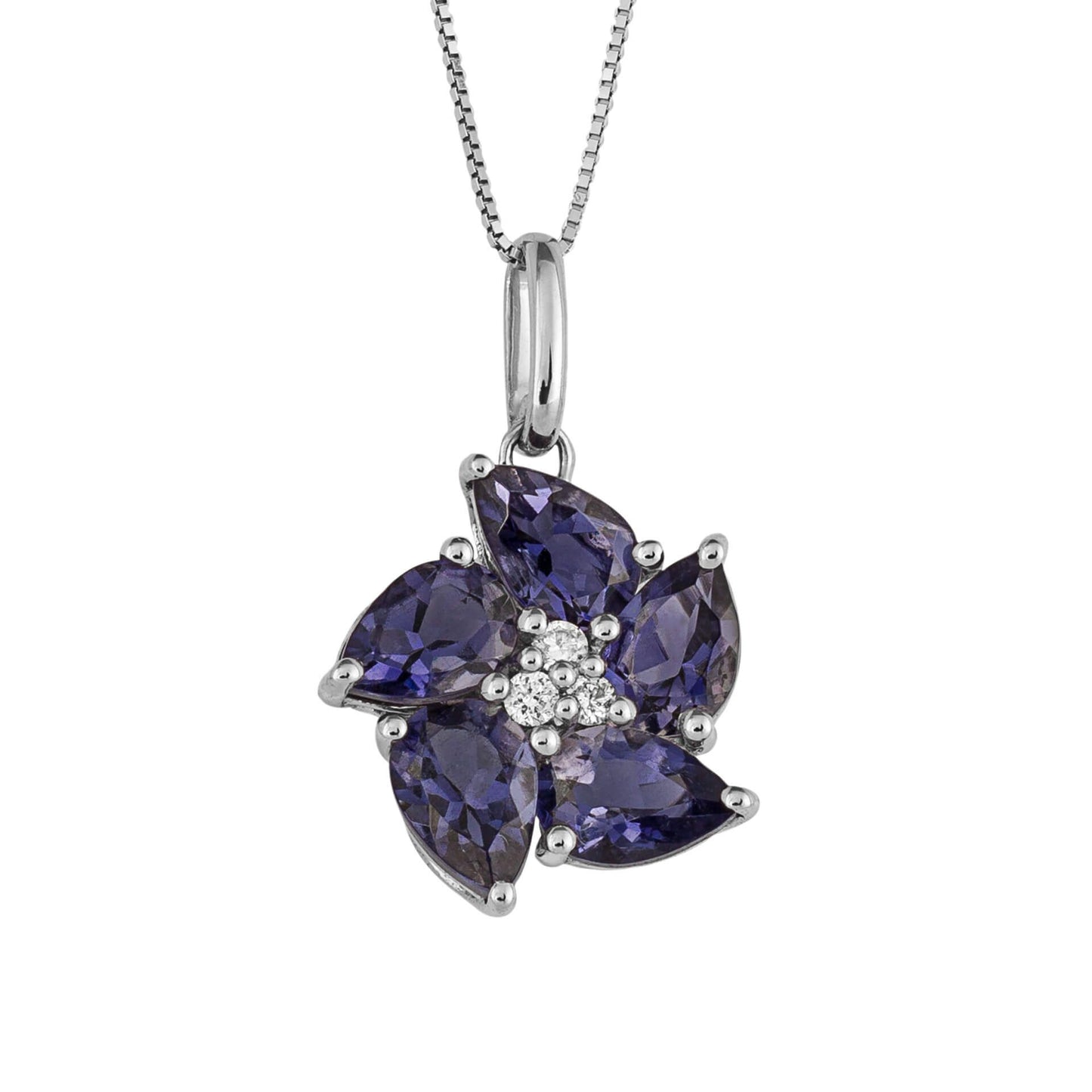 9ct White Gold Iolite & Diamond Peony Pendant