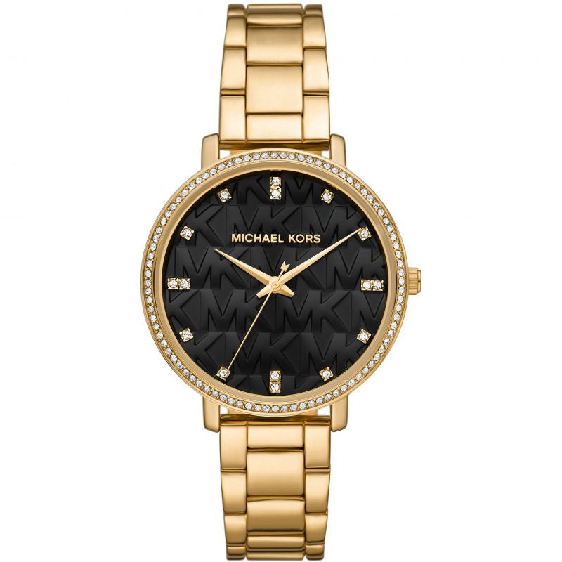 Michael Kors Ladies Pyper Gold Watch With Black MK Dial MK4593