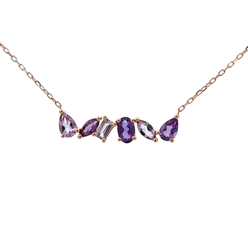 9ct Rose Gold Multi Amethyst Mixed Shape Necklace