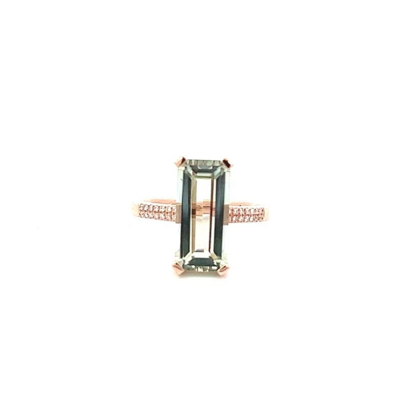 9ct Rose Gold Octagon Green Amethyst Ring with Diamond Shoulders