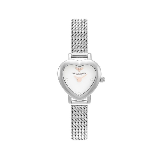 Olivia Burton Meant To Bee Mini Dial Heart Mother Of Pearl & Silver Mesh Watch OB16MC74