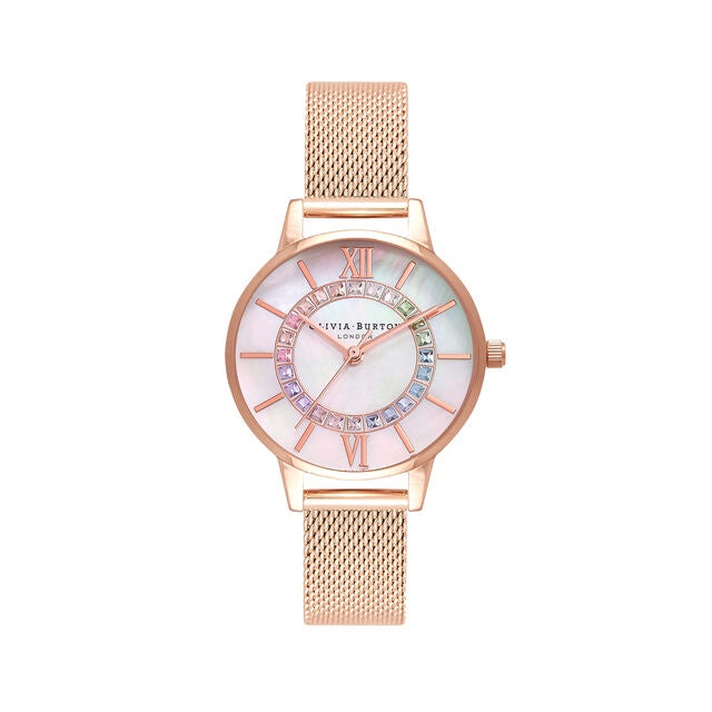 Olivia Burton Rainbow Sparkle Wonderland Rose Gold Mesh Watch OB16WD95