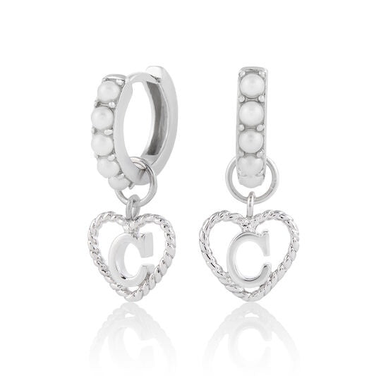 Olivia Burton 'C' Faux Pearl Heart Initial Huggie Hoop Silver OBJIHEC01