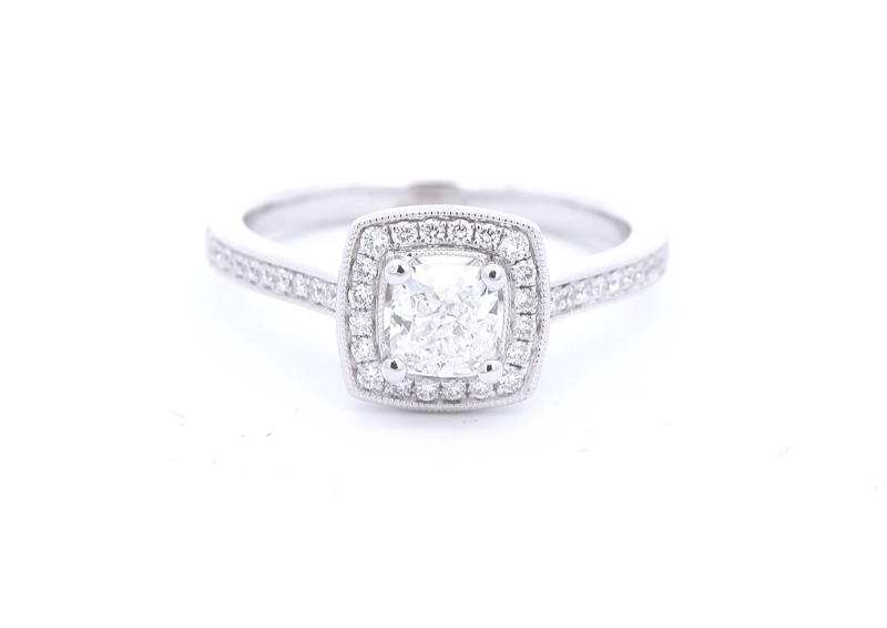 18ct White Gold Diamond Halo Ring - Cushion Cut H VS1 - RF9