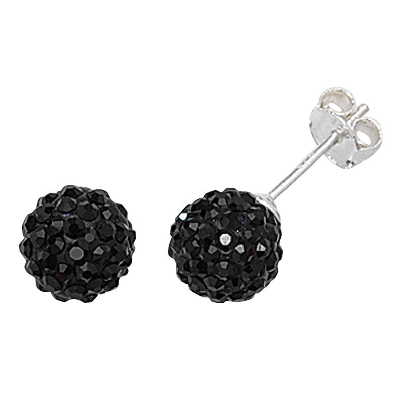 Silver Black Crystal Ball Stud Earrings 8mm