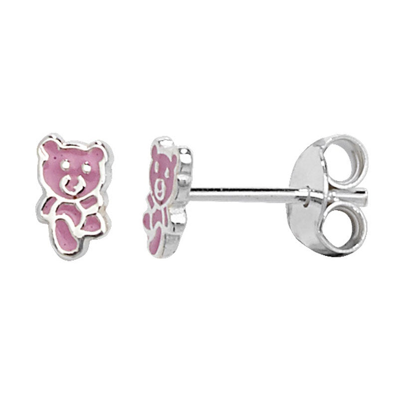 Silver Enamel Pink Teddy Bear Stud Earrings SE774A