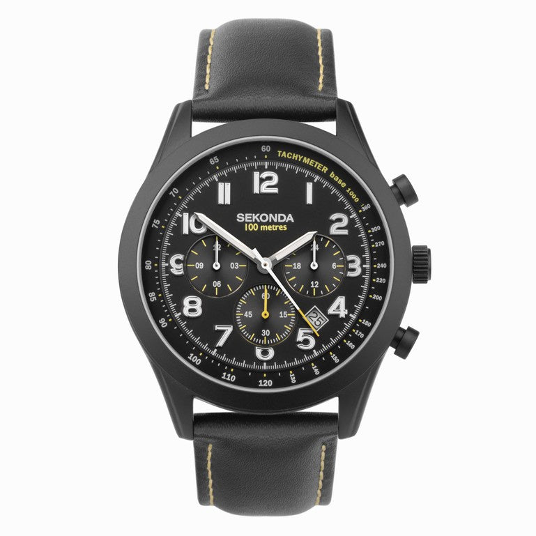 Sekonda Navigator Dual Time Gents Watch Black Leather Strap with Black Dial - 30112