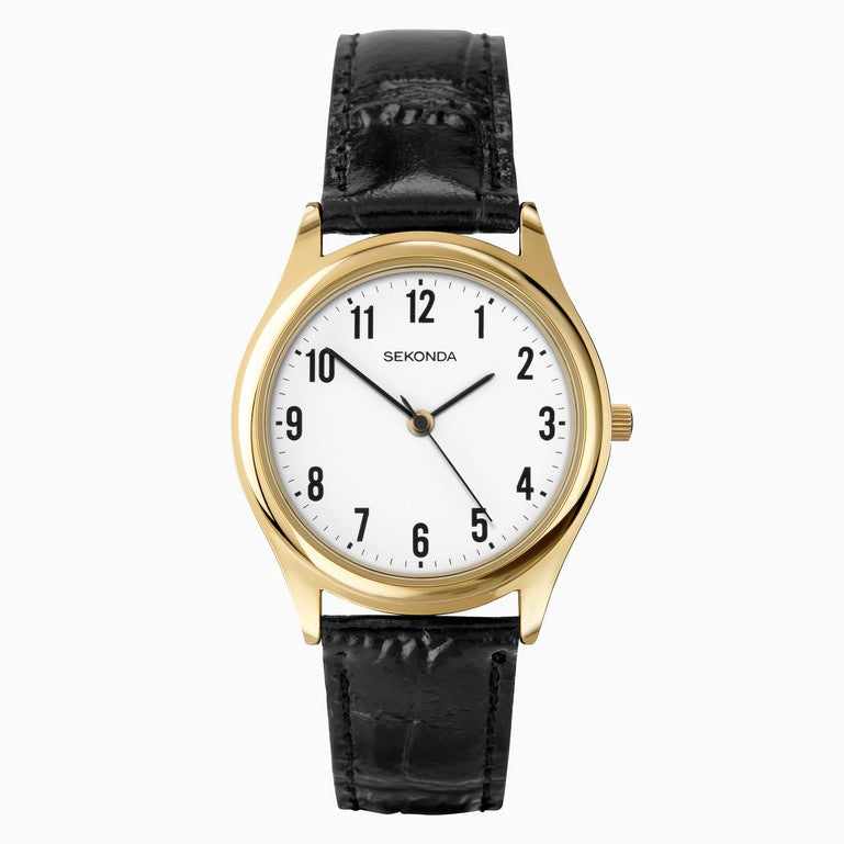 Sekonda Easy Reader Men's Watch with Gold Case, White Dial & Black Leather Strap 3623