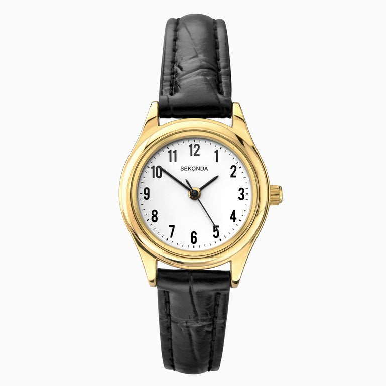 Sekonda Easy Reader Ladies Watch with Gold Case, White Dial & Black Leather Strap 4493