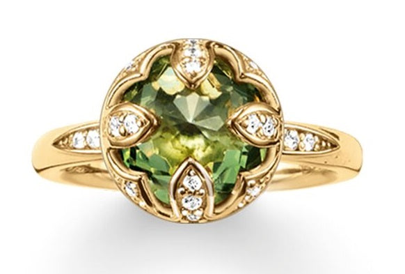 Thomas Sabo Size 54 Gold Plated Round Green Cubic Zirconia Ring TR2027-632-6-54