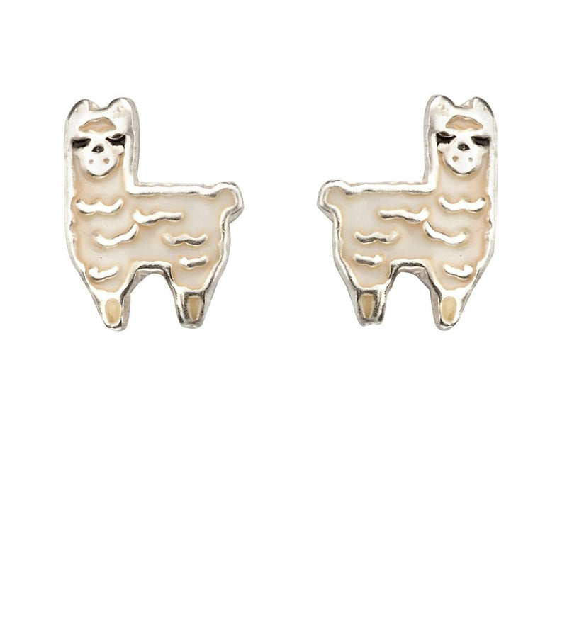 Silver and White Enamel Llama Stud Earrings
