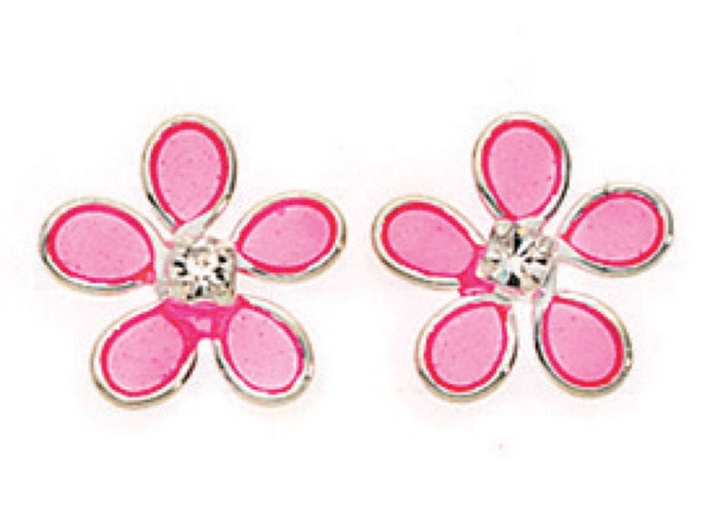 Silver and Pink Enamel Flower Stud Earrings