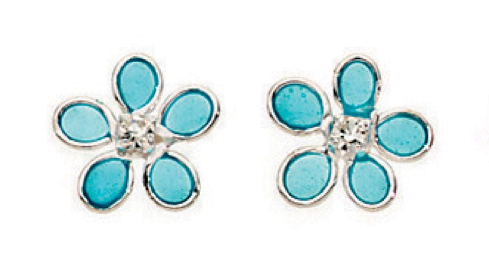 Silver and Blue Enamel Flower Stud Earrings