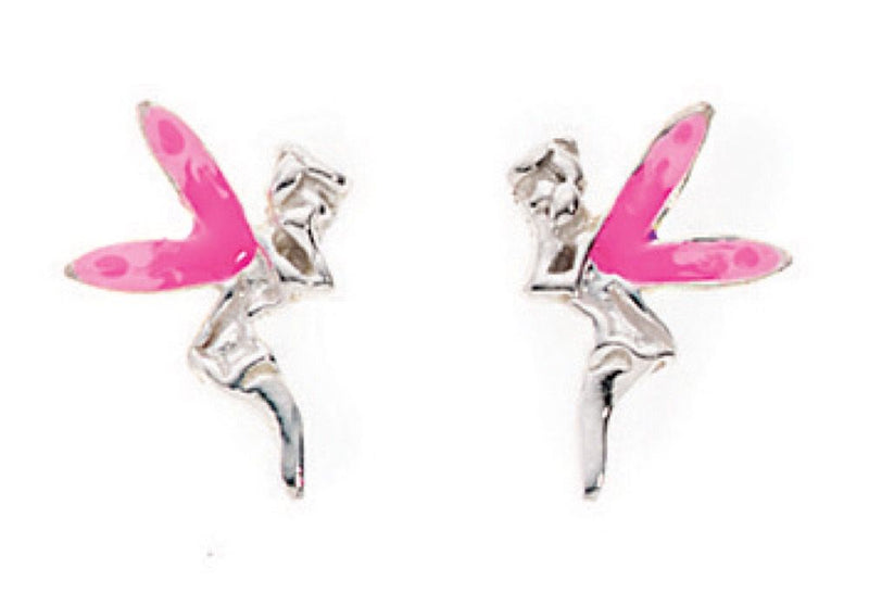 Silver and Pink Enamel Winged Fairy Stud Earrings
