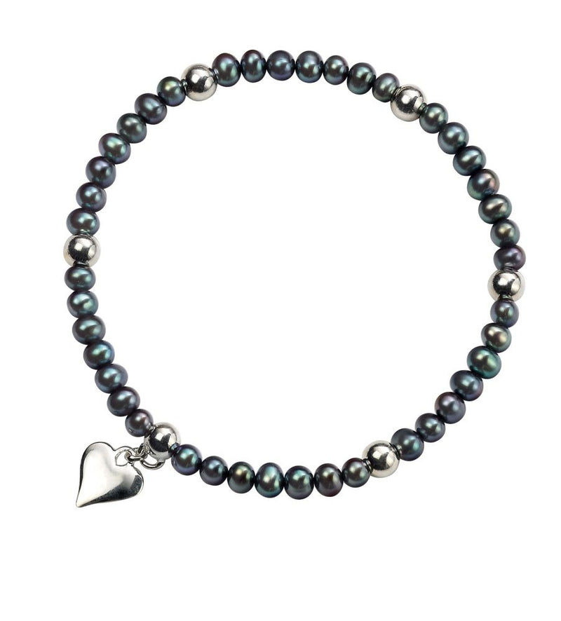 Black FW Pearl Bracelet with Silver Heart