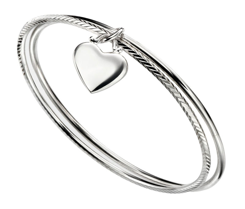 Silver Double Diamond Cut Heart Charm Bangle Engravable