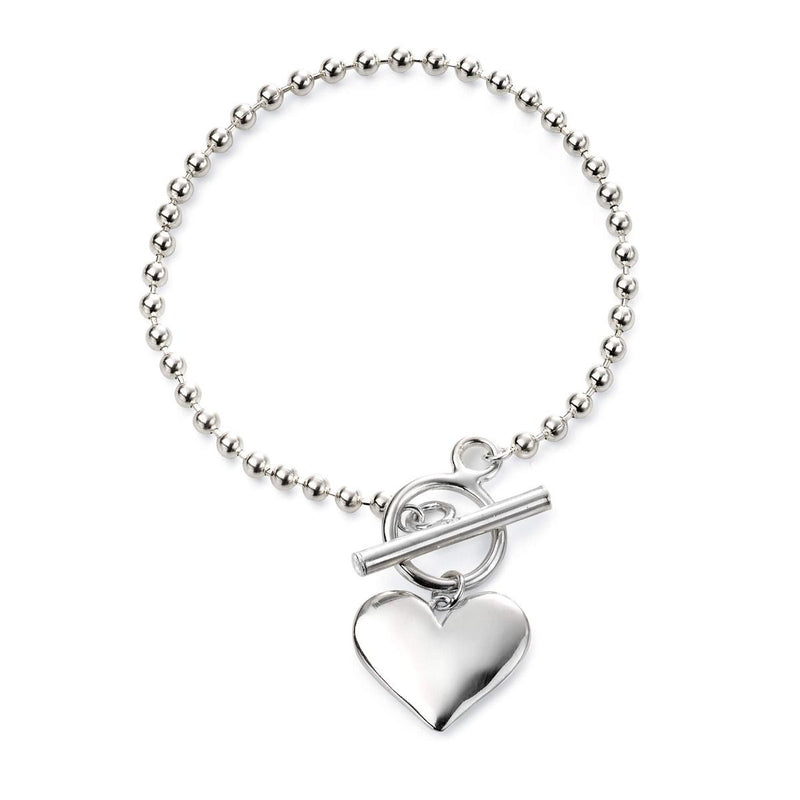 Silver Ball Chain Heart Charm T-Bar Bracelet