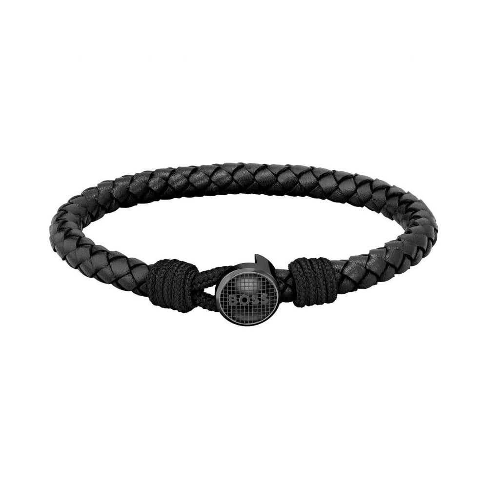 BOSS Jewellery Mens Black Braided Leather Bracelet 1580468M