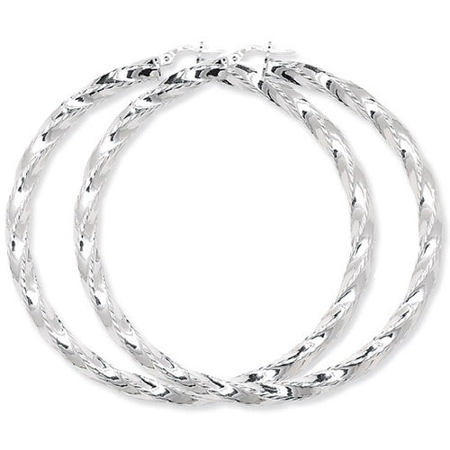 Silver 60mm Diamond Cut Twisted Hoop Earrings