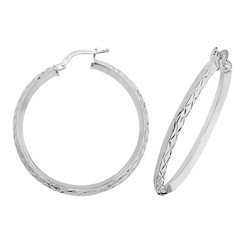 Silver 30mm Diamond Cut Bevelled Hoop Earrings