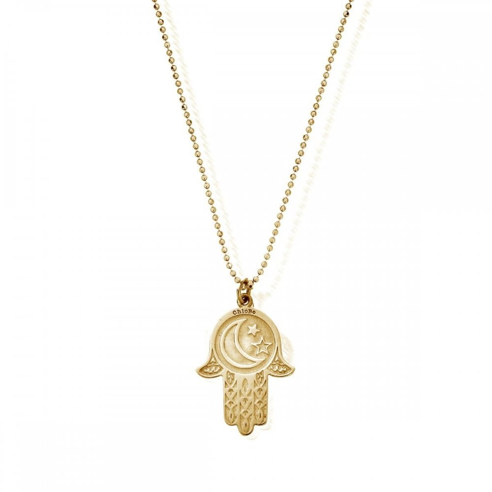 ChloBo Gold Plated Diamond Cut Chain With Moon & Star Hamsa Hand Gold Pendant GCDC1618