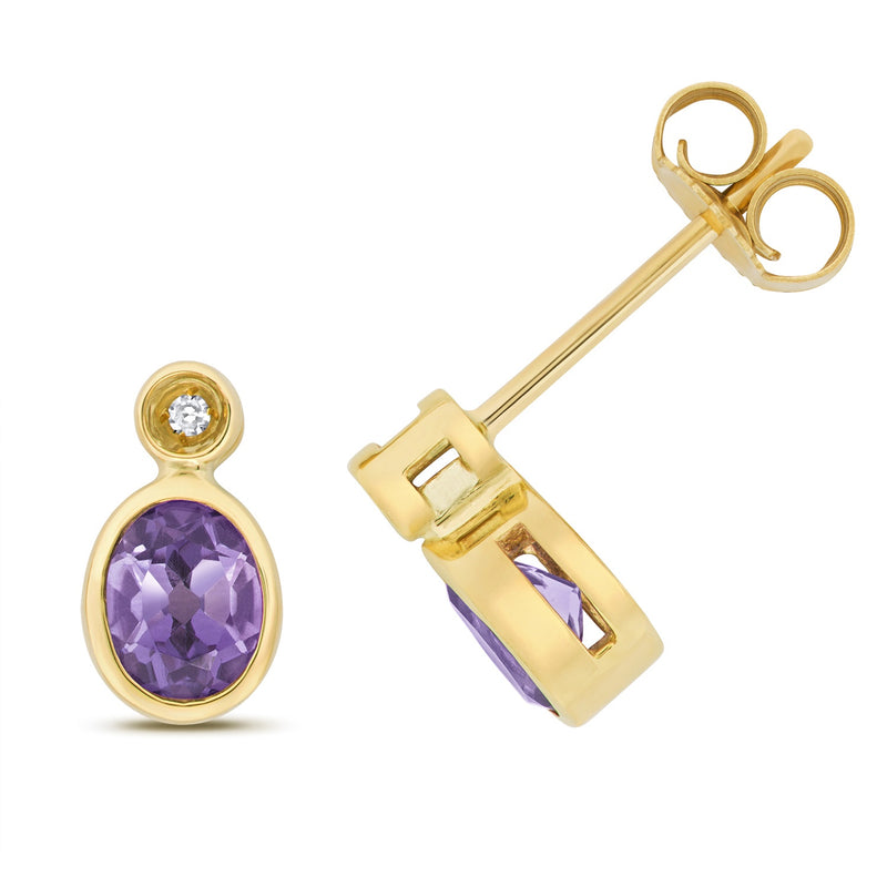 9ct Gold Diamond & Amethyst Stud Earrings