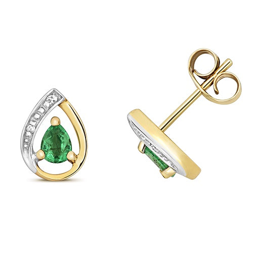 9ct Yellow Gold Diamond & Emerald Teardrop Stud Earrings ED261E