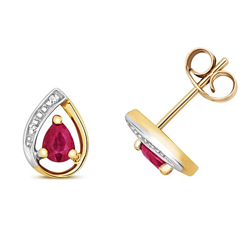 9ct Yellow Gold Diamond & Ruby Teardrop Stud Earrings ED261R