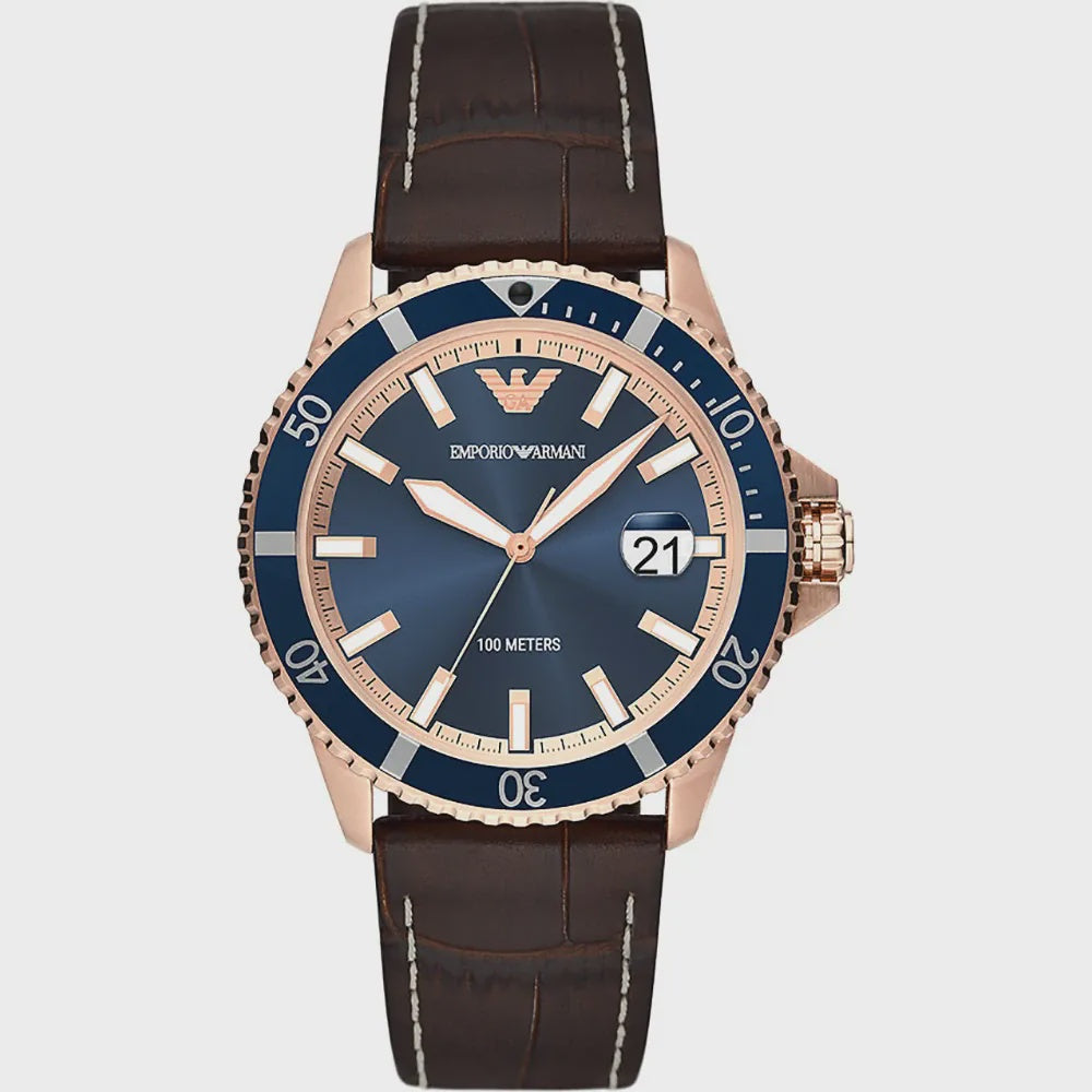 Emporio Armani Watch with Brown Leather Strap and Blue Dial AR11556 –  Monaghans Jewellers