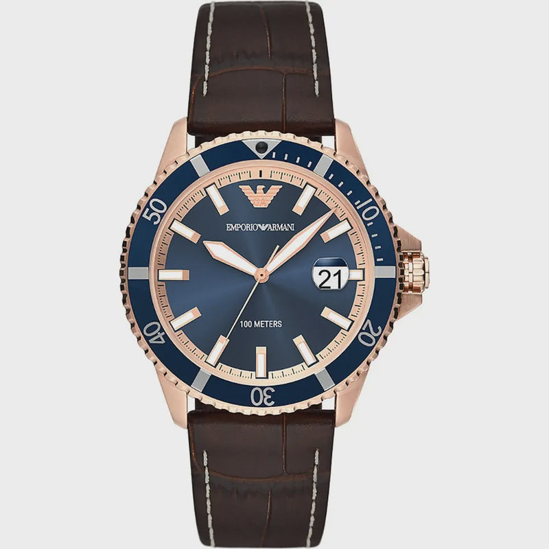 Emporio Armani Watch with Brown Leather Strap and Blue Dial AR11556